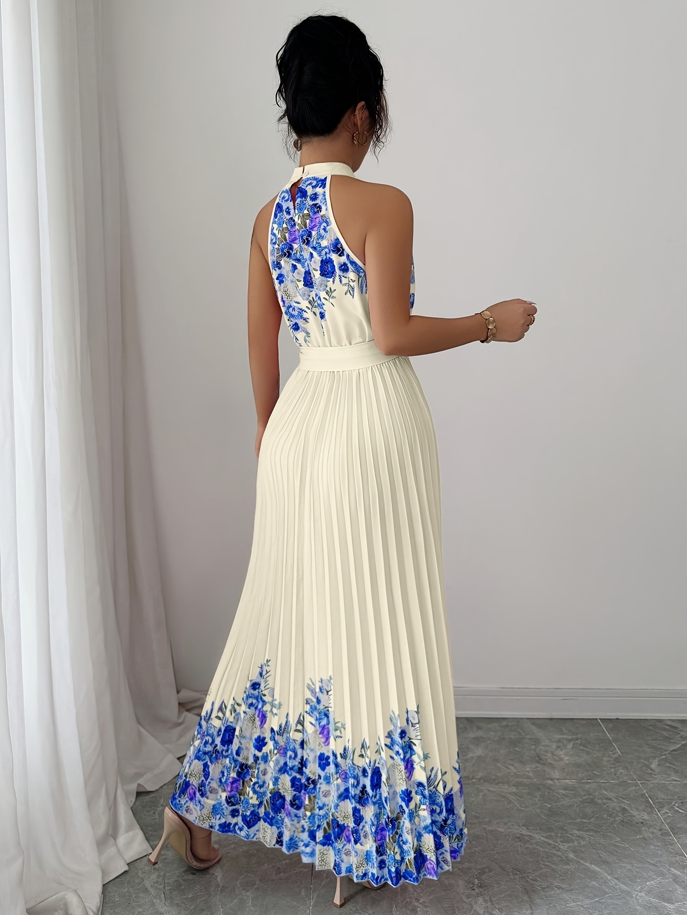 Fashionable New Women'S Summer Halter Floral Print Pleated Dress