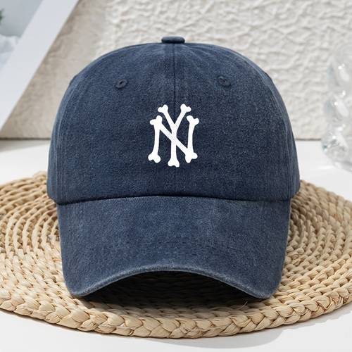 bone letter print distressed washed baseball cap adjustable duckbill dad hat suitable for men women lightweight outdoor curved brim cap with ny machine washable vintage washed cap for casual wear