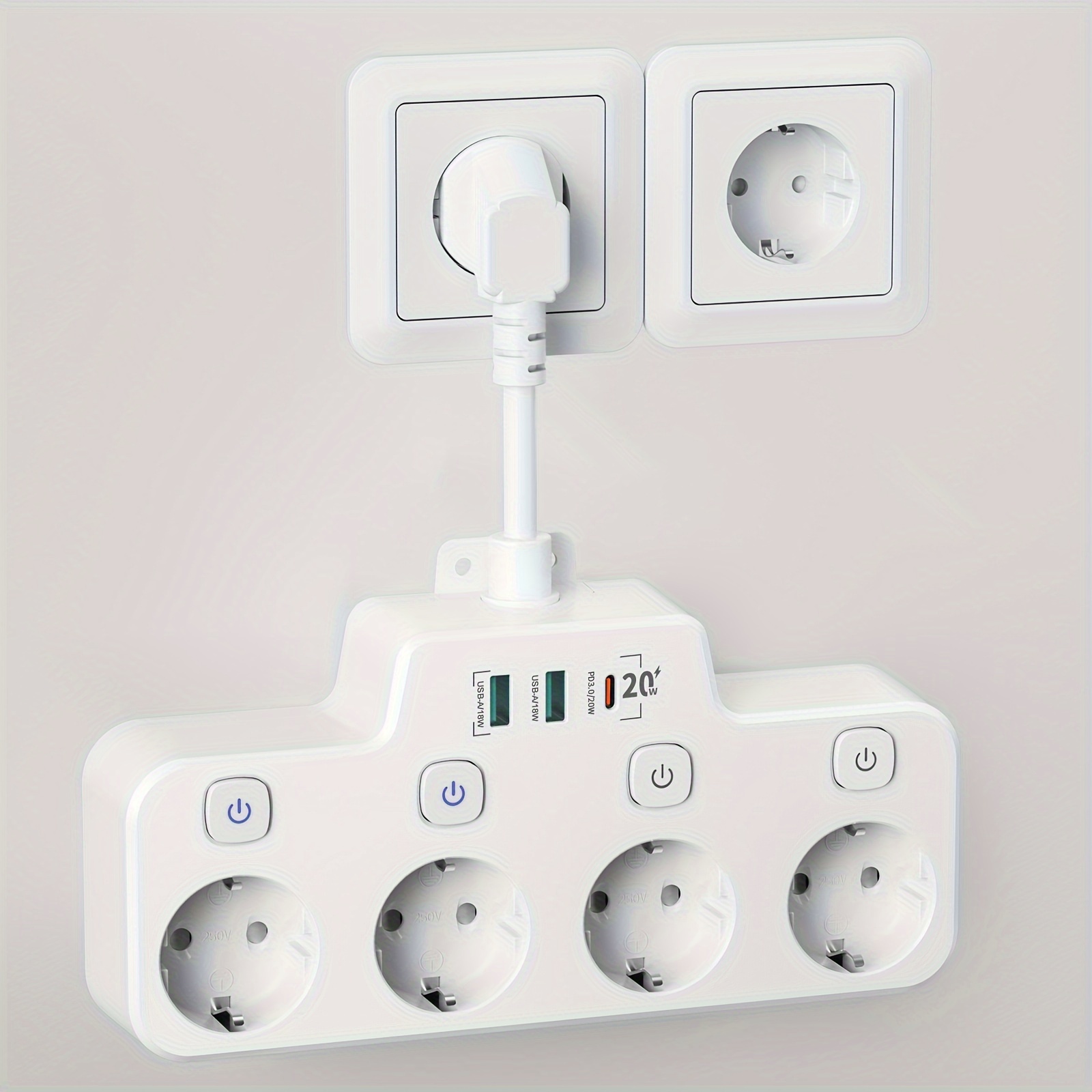 1pc Multiprise avec USB, adaptateur multiprise 4 voies AC 250V/16A, adaptateur de prise séparable avec 2 ports USB et 1 port de type C, multiprise de charge rapide à montage mural, prise multiple avec