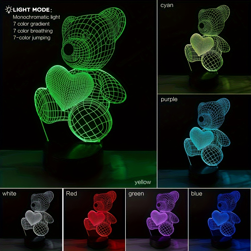 cute bear heart led night light usb powered   3d acrylic design table lamp for bedroom decor details 9