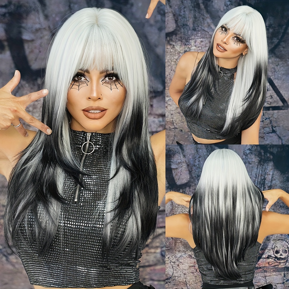 

Y2k-inspired Silvery To Black Ombre Long Straight Wig For Women - 24" , Heat Resistant Synthetic Hair With Bangs