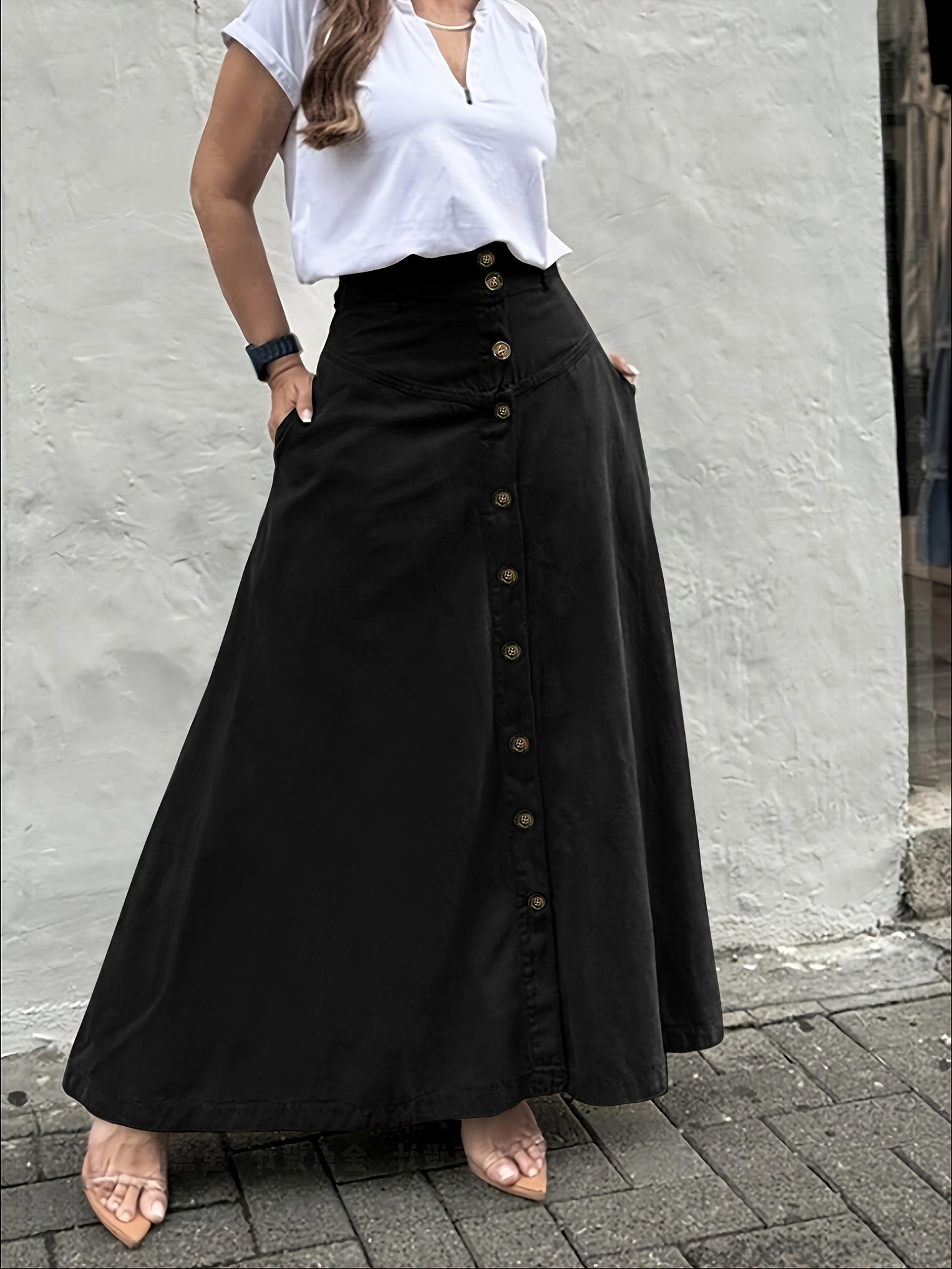 Women's Elegant Solid Color High Waist Mid-Long Skirt, Fashionable and Practical with Pockets and Button Front Slit A-line Skirt, Can be Worn in Spring, Summer, Autumn and Winter