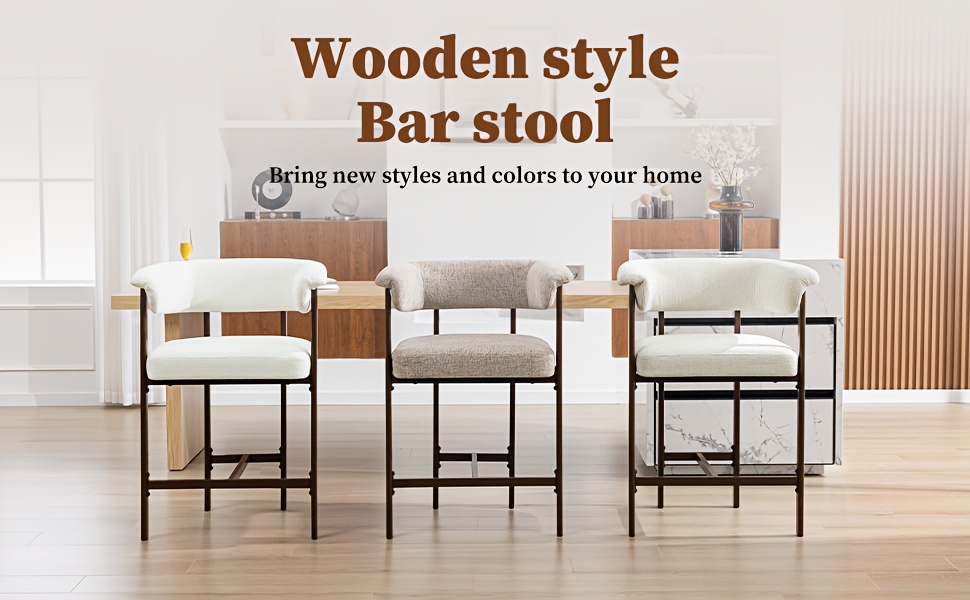 KERDOM 26'' Tall Bar Stools, Upholstered in Linen Fabric with Backrest And Footrest, Spacious Cushion Seat for Kitchen Islands, Dining High Chair for Restaurant Counters, Curved Back Support