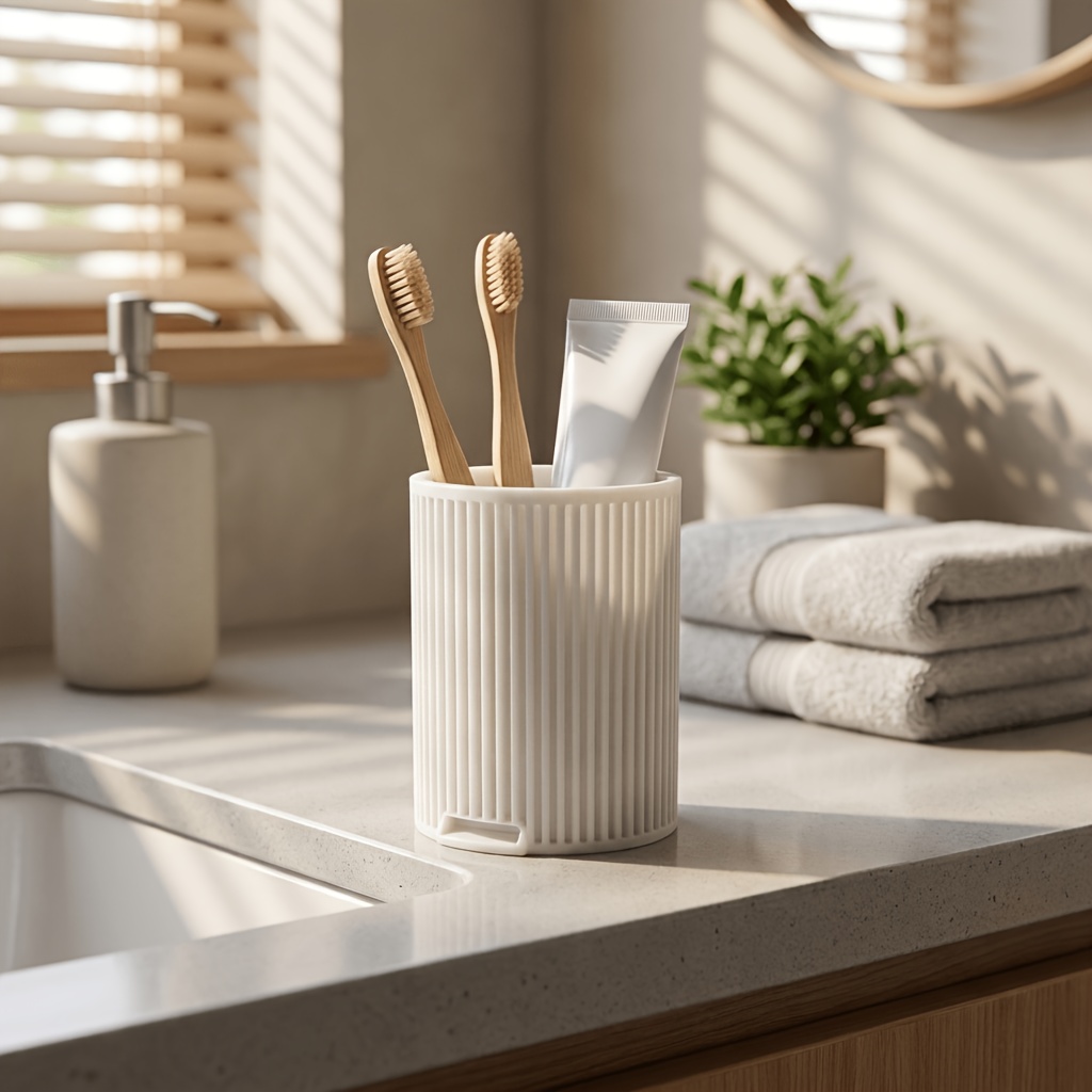 TEMU 1 Porte-brosse à dents/Gobelet de vidange de salle de bain , avec un design à nervures verticales et une structure à drainage rapide au fond.