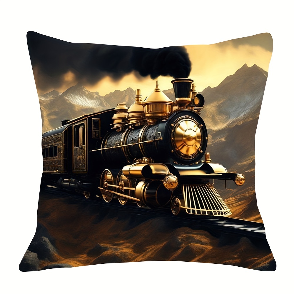 

1pc Short Plush 18x18inch Throw Pillowcase, Train Picturesdigital Printed Cushion Cover, Decorative Pillow Cover, Used For Room Decoration-798