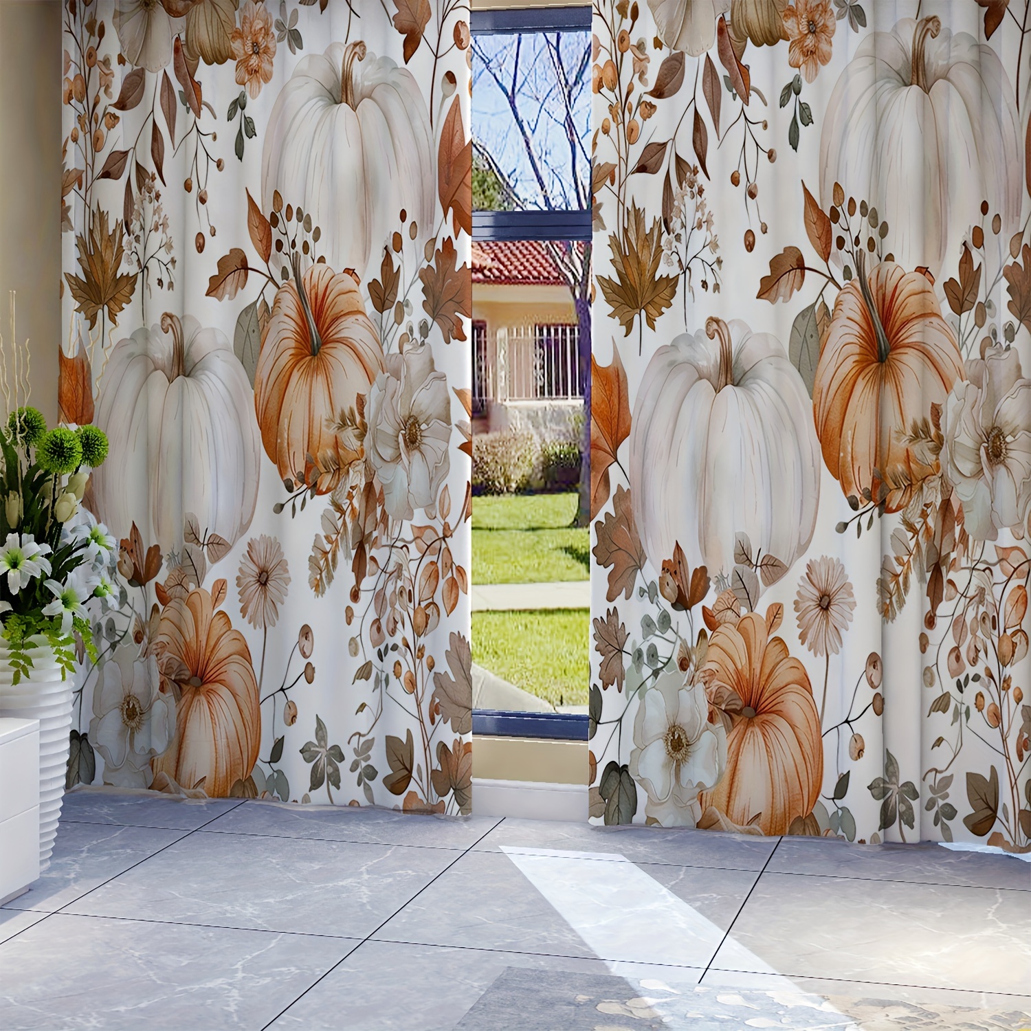 

Seasonal Pumpkin And Leaf Print Curtains: 2 Pieces Set, Suitable For All Seasons, Perfect For Living Room Decor