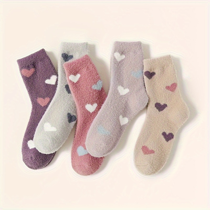 

5pcs Cozy Fleece Heart Socks For Women - Warm, Mid-calf Socks With Elegant Design