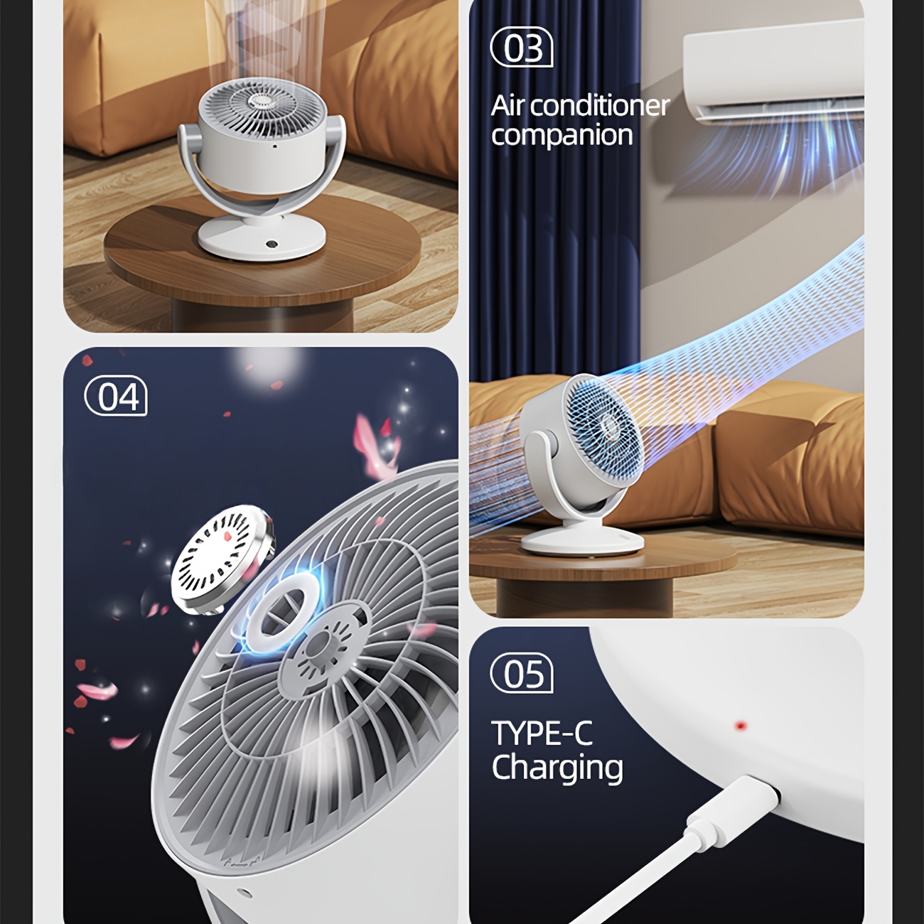 Air Circulating Fan, Strong Wind And Low Noise, USB Charging, Oscillating Left And Right, 90° Elevation Angle Blowing, Adjustable Wind Speed, Suitable for Camping, Home, Bedroom, Office, Dormitory And Other Places