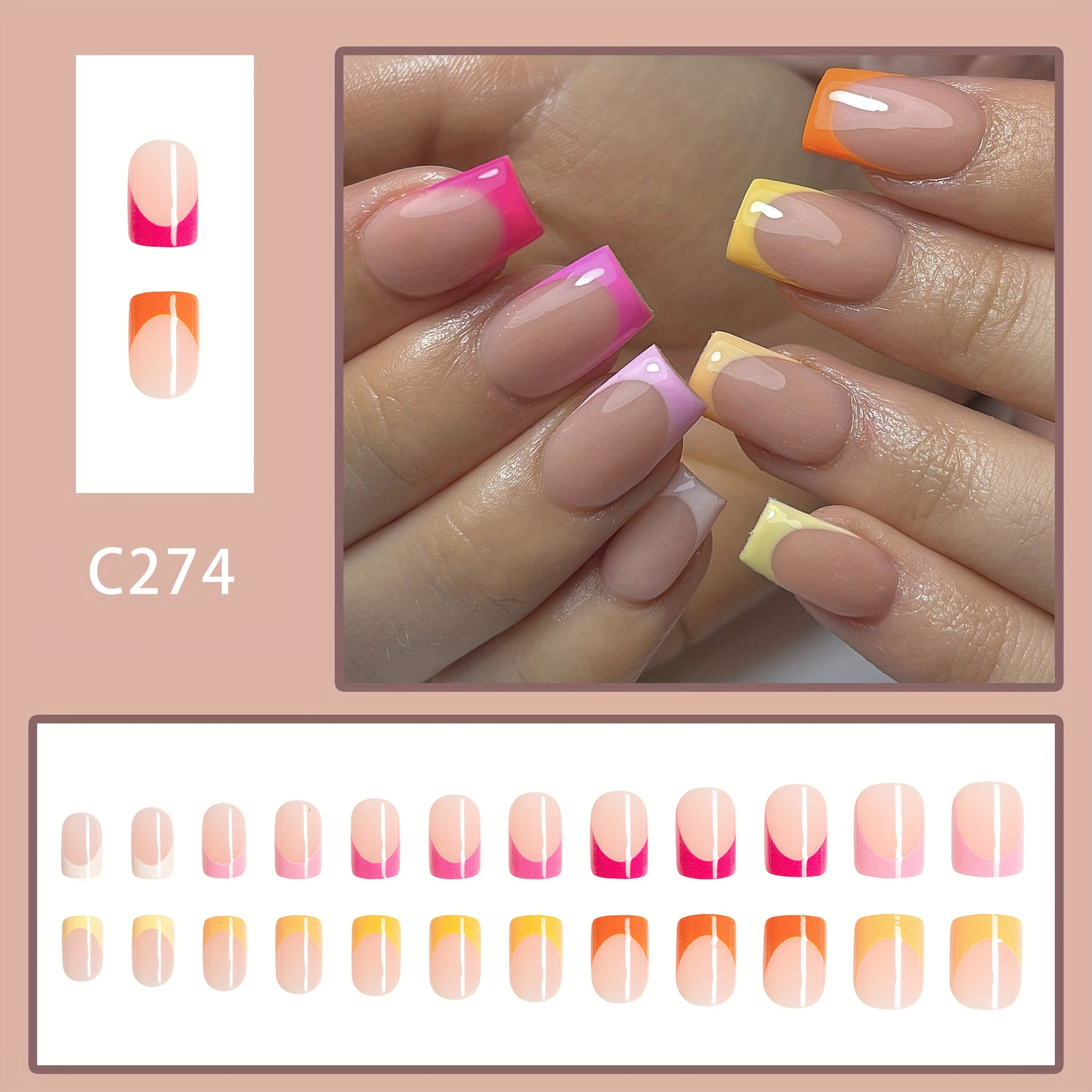 short square press on nails colorful french tip fake nails glossy spring yellow pinkish acrylic nails nude pinkish full cover glue on nails for women girls manicure decorations details 0