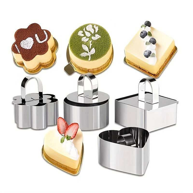 

Ensemble de Moules de Cuisson en Acier Inoxydable Polyvalent pour Mousse & Tiramisu - Carrées, Rondes, Fleur & Cœur pour Des Desserts Parfaits