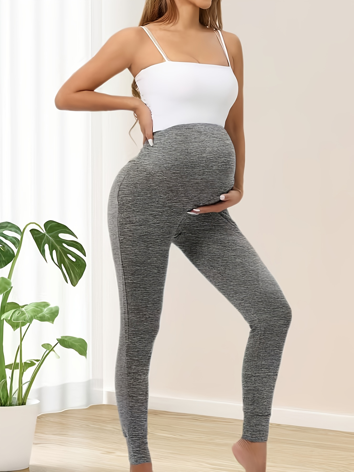 Women's High-Waisted Maternity Leggings with Tummy Control & Belly Button Access - Full-Length Stretchy Yoga Pants with Pockets, Snug Fit for Pregnancy, All-Season Comfort, Machine Washable (Casual & Athletic Wear)
