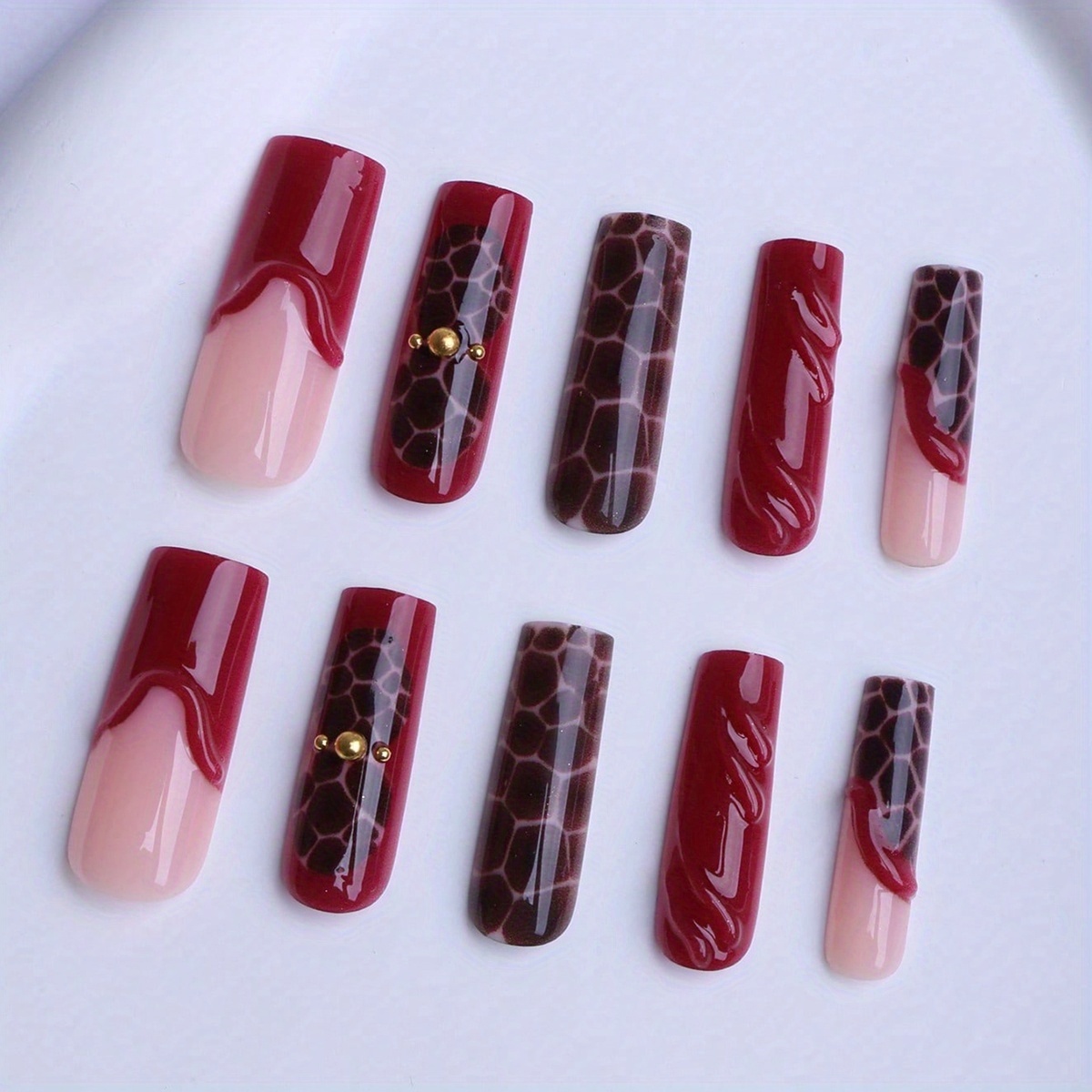 TEMU 24pcs Long Square Press On Nail Gift Box Flame Red French Edge Autumn And Winter Color Crocodile Pattern Ball 3d Three-dimensional Striped Glue
