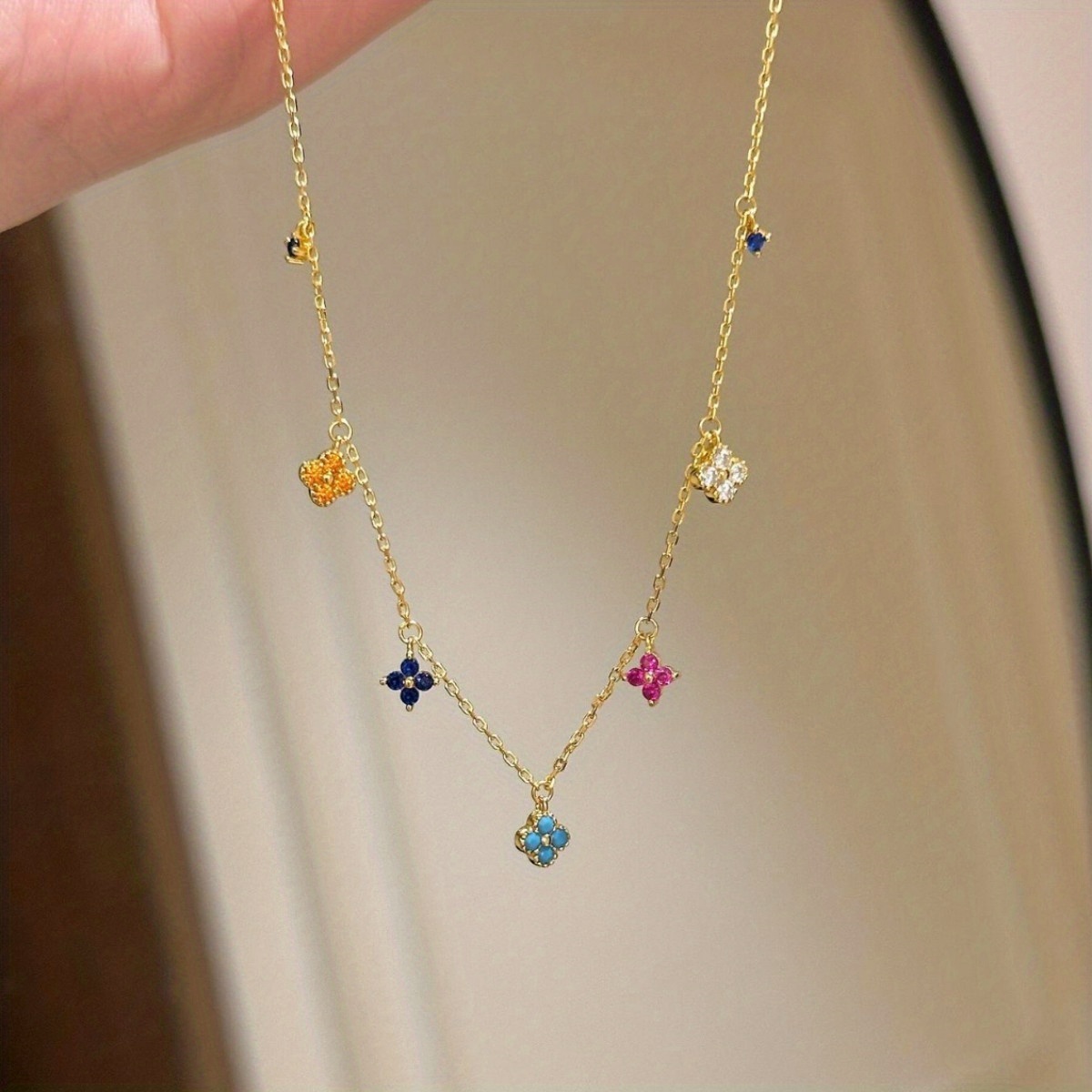 TEMU 1pc; Copper; Size: 45cm; Fashionable And Unique Dopamine-colored Cubic Synthetic Zirconia Flower Necklace For Women, Niche, Exquisite, High-end,