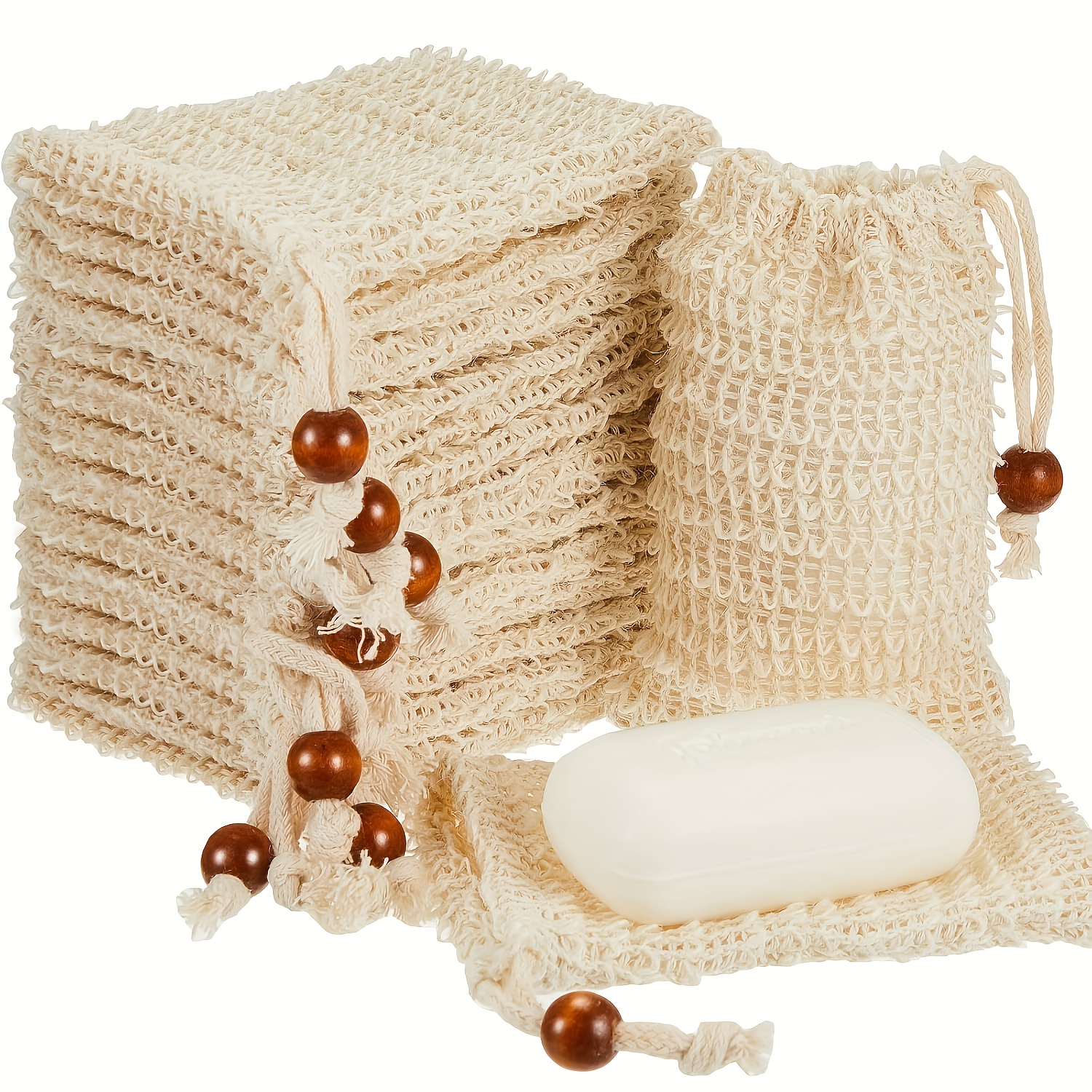50pcs Soap Bags, Sisal Soap Bags, Exfoliating Soap Bags With Drawstring, Soap Bags With Wooden Beads, Foaming And Drying Soap Exfoliating Nets, Soap Lathering Nets, Bath And Shower Soap Bags