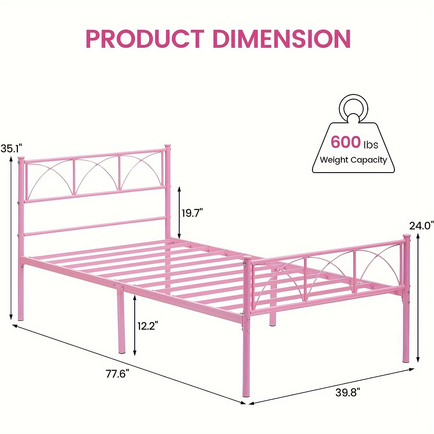 TEMU Twin Size Bed Frame With Headboard And Footboard, Twin Bed Frame For Girls/boys/teens, Heavy Duty Metal Slat Support, No Box Spring Needed, Easy Assembly, Pink