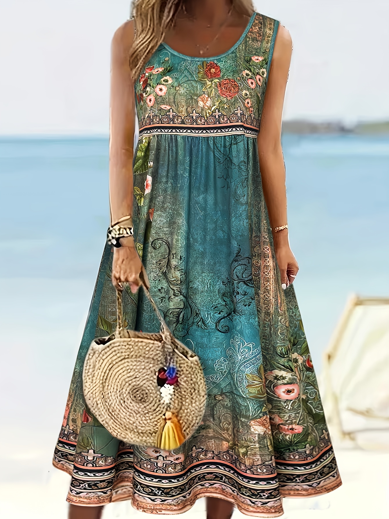   summer womens sleeveless round neck midi length lightweight dress with vintage floral and scroll print suitable for beach vacations loose and flowy versatile for daily wear womens tank dress