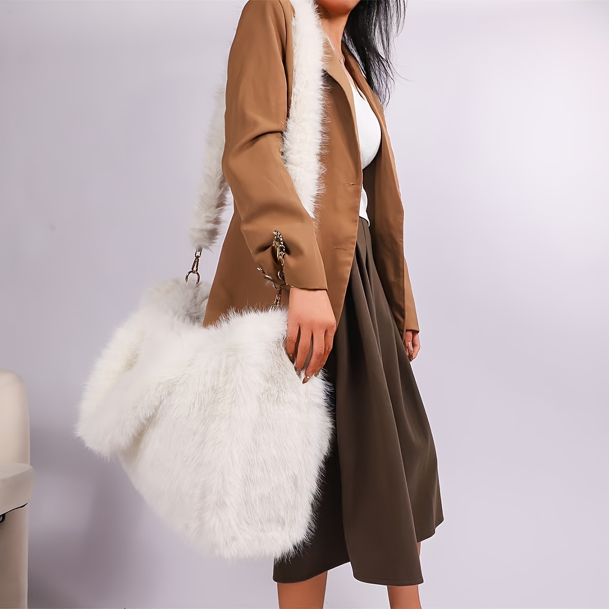 Faux Fox Fur Tote Bag with Long Strap, Large Capacity Handbag