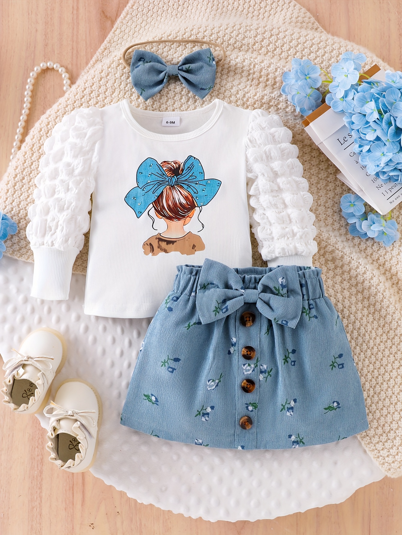3pcs girls floral print long sleeve t shirt skirt set with bow detail soft stretchy fabric button     hem     casual playwear for outdoor Product details 4