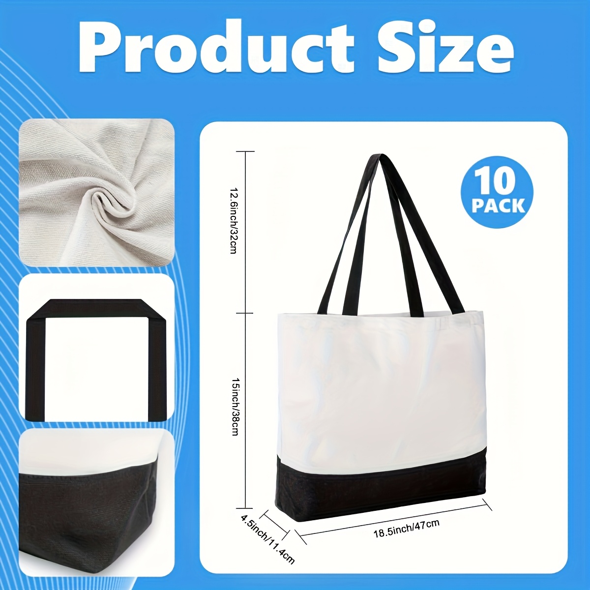 TEMU Canvas Bags 10 Pack Large X 15 X 4 In Long Handle For, Tote Bags Sublimation Blanks Paintingm, Reusable Grocery Bags, , Foldable For Shopping,