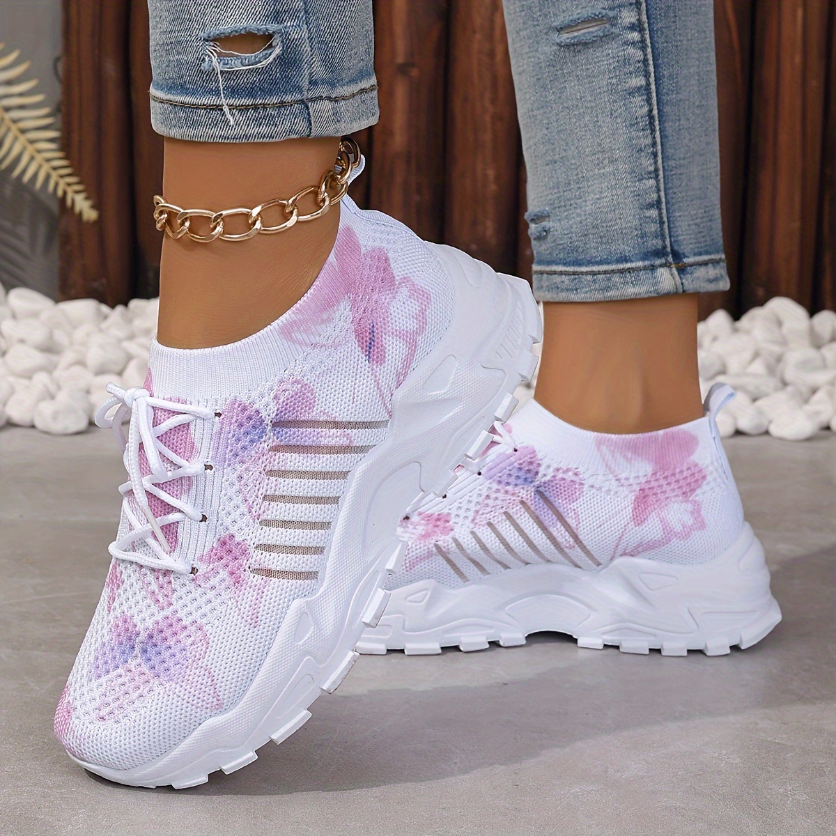 TEMU [popular ] Women's Pattern Casual Sneakers, Breathable Mesh Lightweight Lace-up Running Shoes, Fashionable Comfortable Flat Platform , Ladies Shoes