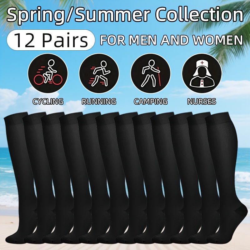 12 Pairs Unisex Long Compression Socks (15-20 MmHg) Specially Designed for Running, Hiking, Cycling, Traveling And Daily Wear
