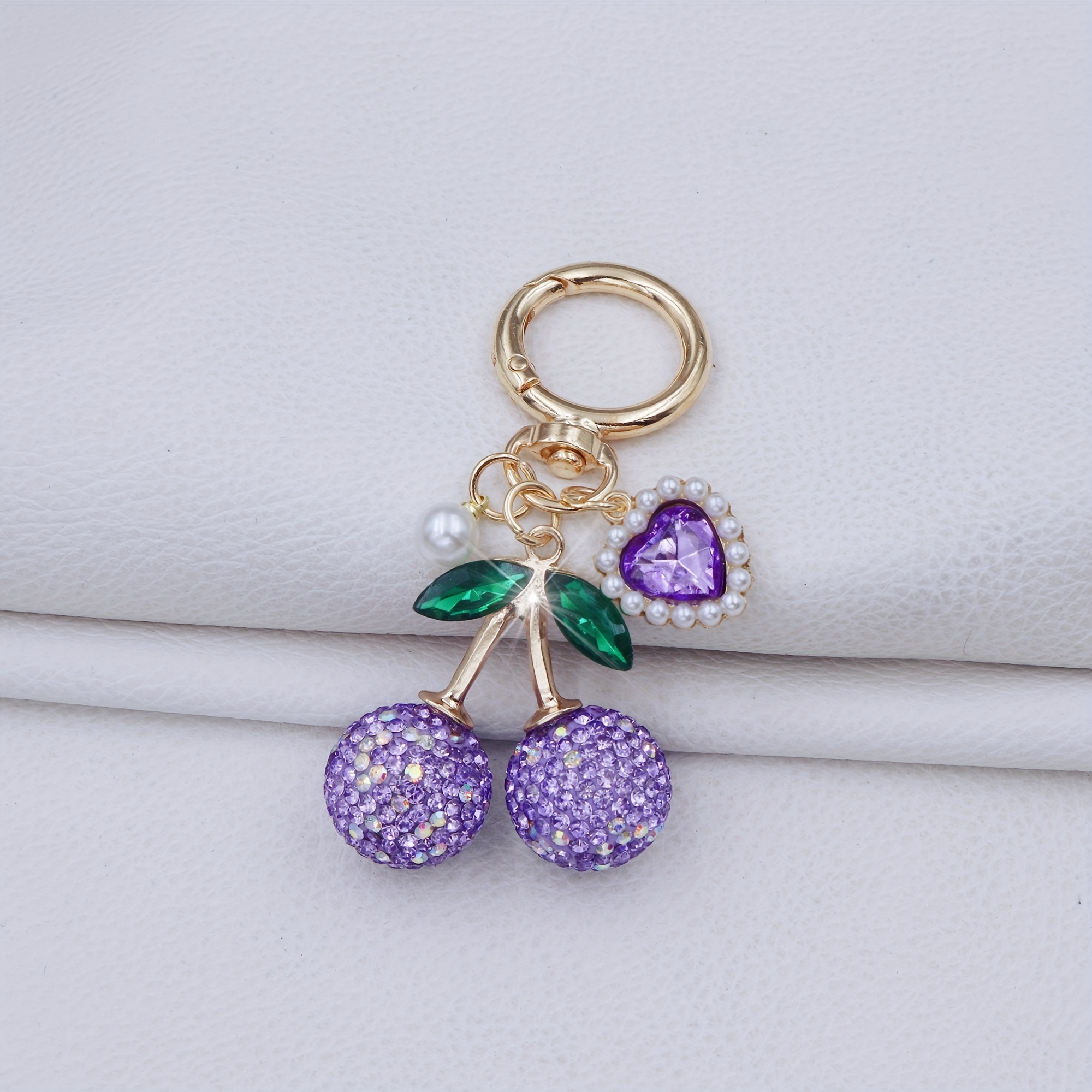 TEMU 1pc Elegant Cherry Keychain With Rhinestone - Keychaink & Green Synthetic Gemstonestone-like Accents, Golden-tone Chain - Valentine&;s Day,