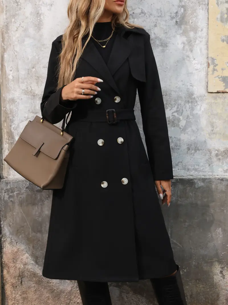 Womens French Double Breasted Slant Pocket Belted Trench