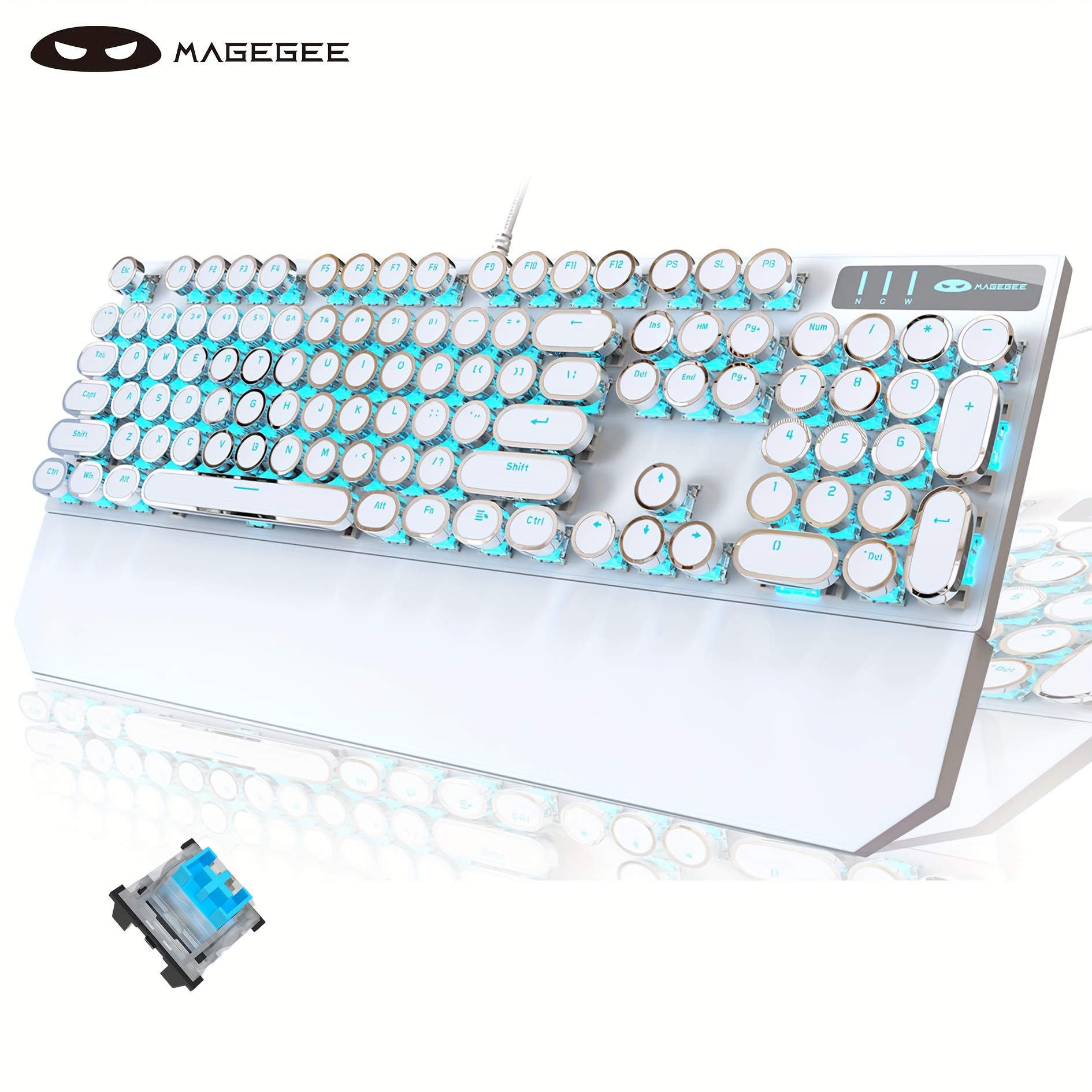 

Typewriter Style Mechanical Gaming Keyboard, White Retro Punk Gaming Keyboard With Blue Backlit, 104 Keys Blue Switch Wired Cute Keyboard, Round Keycaps For Windows//pc