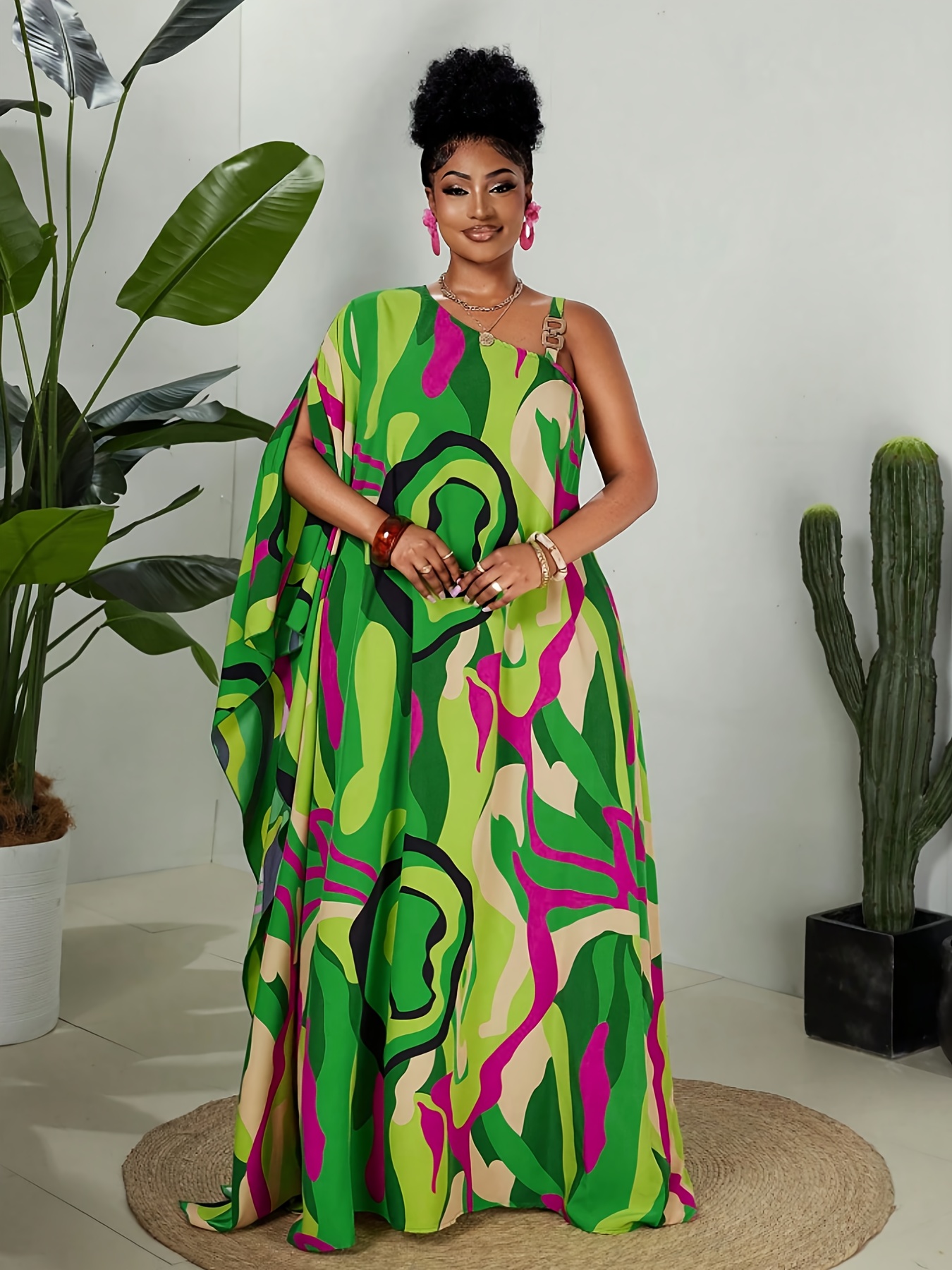 Plus Size, Plus Size Women Line Printed Off The Shoulder Straps Long Kaftan  Dress, Beach Outfits for Woman Vacation