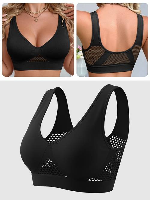 1pc solid bra breathable mesh thickened fabric quality style fashionable backless no padding comfortable wireless athletic casual all match bra