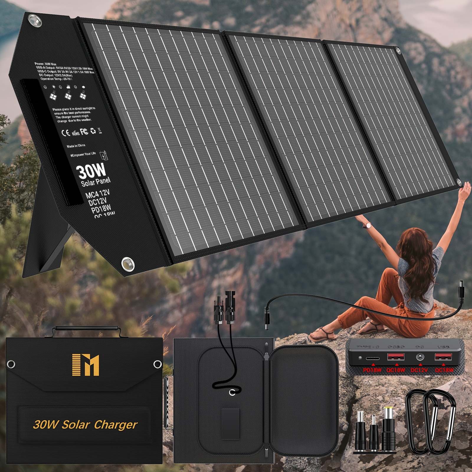 TEMU 30w/60w/100w Portable Solar Charger With 18v Mc4, 2*usb-a Qc3.0, And Usb-c Pd18w Ports