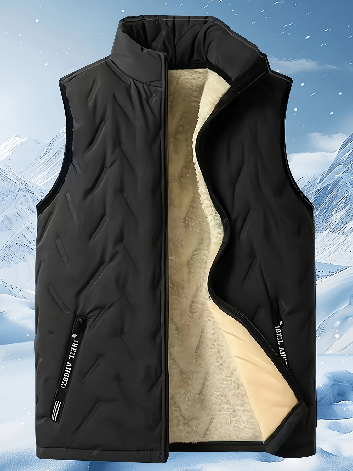 mens warm fleece lined sleeveless jacket for autumn and winter lamb fleece vest with stand collar zippered pockets ideal for outdoor activities   core body warm non elastic fabric regular style