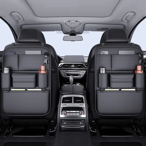 1 2pcs leather seat back storage bag travel accessories kick pad rear seat protector and cup holder universal seat cover black