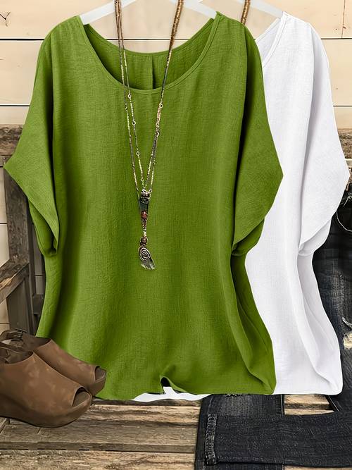 2 peças, Camiseta Feminina Casual de Fim de Semana em Cor Sólida com Gola Redonda e Manga Morcego, Sem Acessórios Inclusos