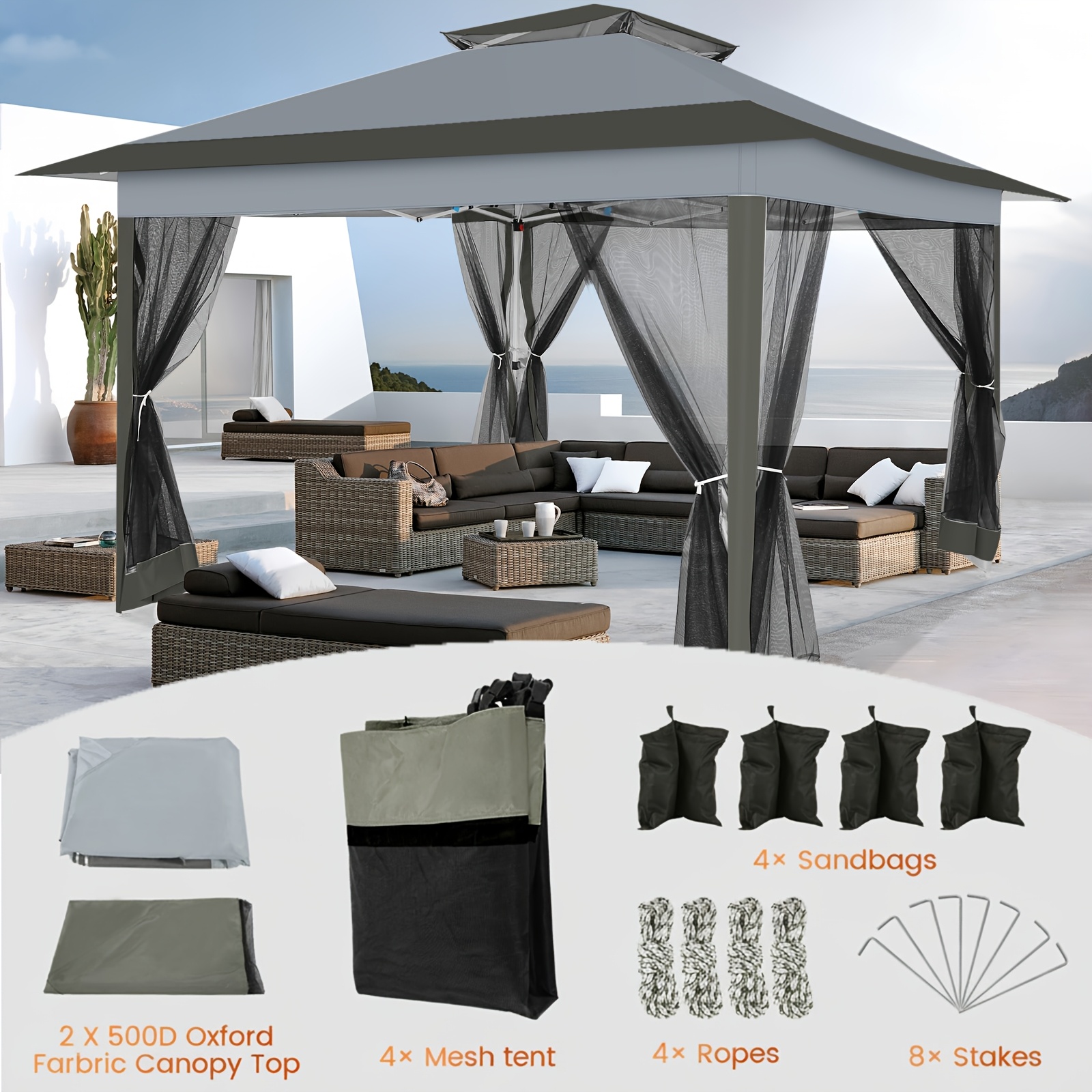 TEMU Tente de fête d'extérieur 3.6X3.6M facile à installer avec murs latéraux en , double ventilation et 3 hauteurs réglables, avec un bouton central