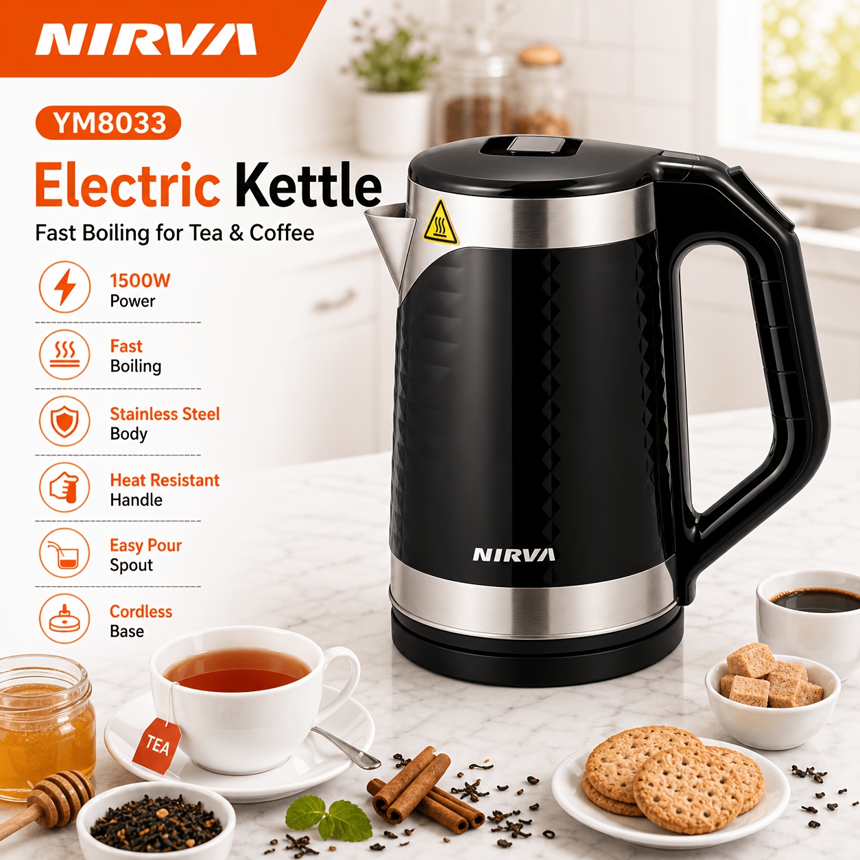 Image of Nirva 1.8l Electric Kettle Cordless Fast Boil Water Boiler With Auto Shut-off & Boil-, Double Wall Suitable For Tea/coffee, Voltage Compatible For Home Kitchen, Plug & Operation (no Adapter Included)
