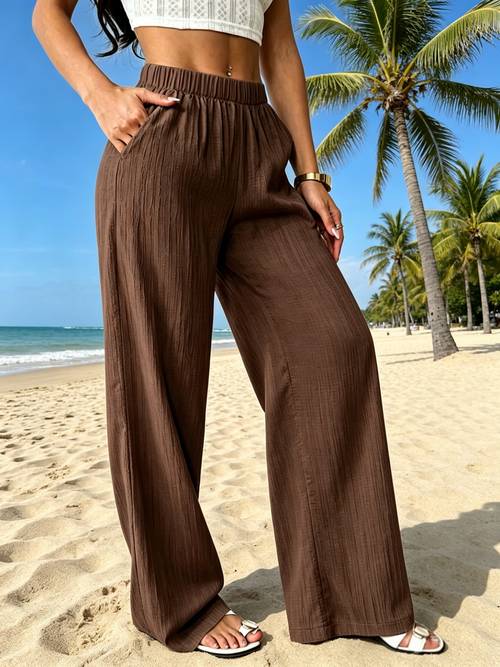 womens high waist wide leg pants with elastic waistband beltless solid color pleated trousers suitable for casual wear vacation outfits spring summer fall pants functional side pockets machine washable wide leg trousers