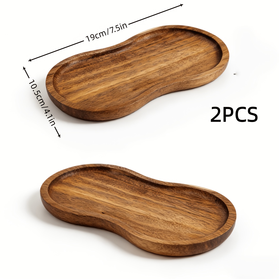 TEMU 2pcs Golden Acacia Wood Trays - Oval With Threaded Design, And Aesthetic, Solid Wood Construction, Polished Surface, For Serving Desserts,