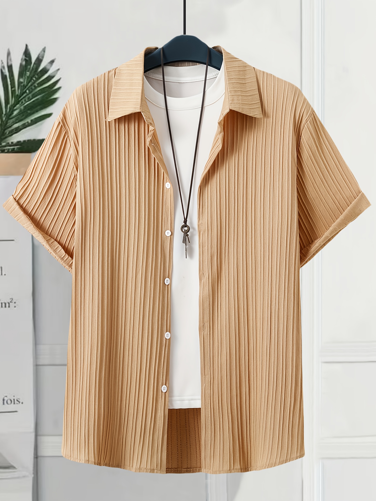 Men's Lightweight Summer Casual Shirt - Mint Green Solid Color Short Sleeve Button-Up with Pointed Collar, 95% Polyester 5% Spandex, Machine Washable Regular Fit for Adults & Teens, PLUS SIZE