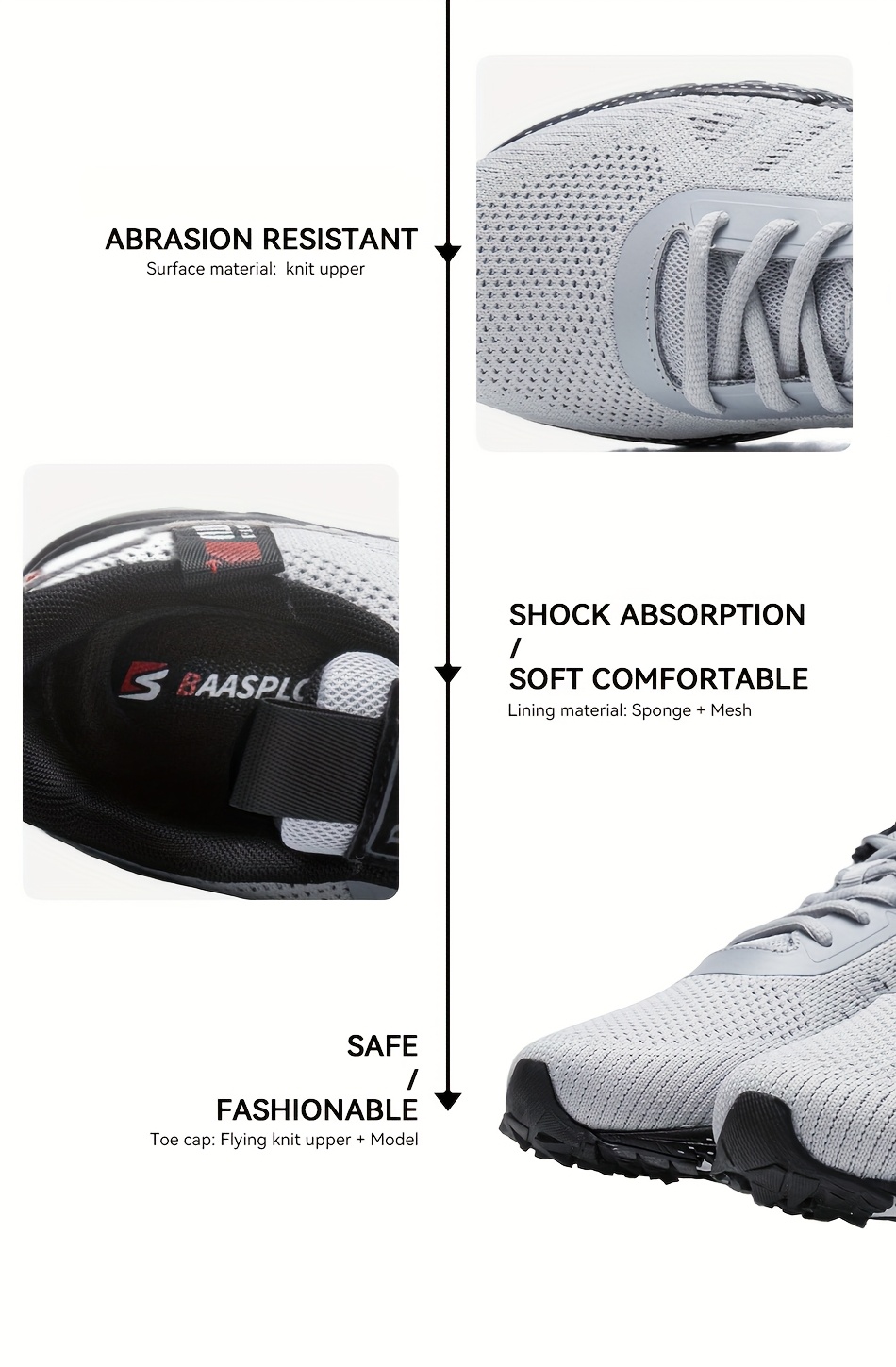 BAASPLOA Men's Lightweight Breathable Mesh Running Shoes - Comfortable, Non-Slip, Casual Athletic Sneakers for Outdoor Sports & Jogging, Gray with Black Accents
