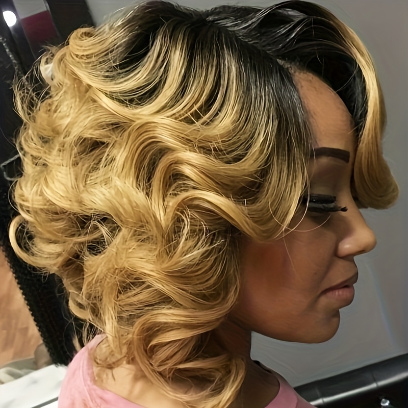 TEMU Hair Short Bob Wig For Women - Ombre Synthetic Curly Wigs With, Short Black & Blonde Bob Hairstyle Suitable For Parties, Casual Attire, Volume & Instant Hairstyle