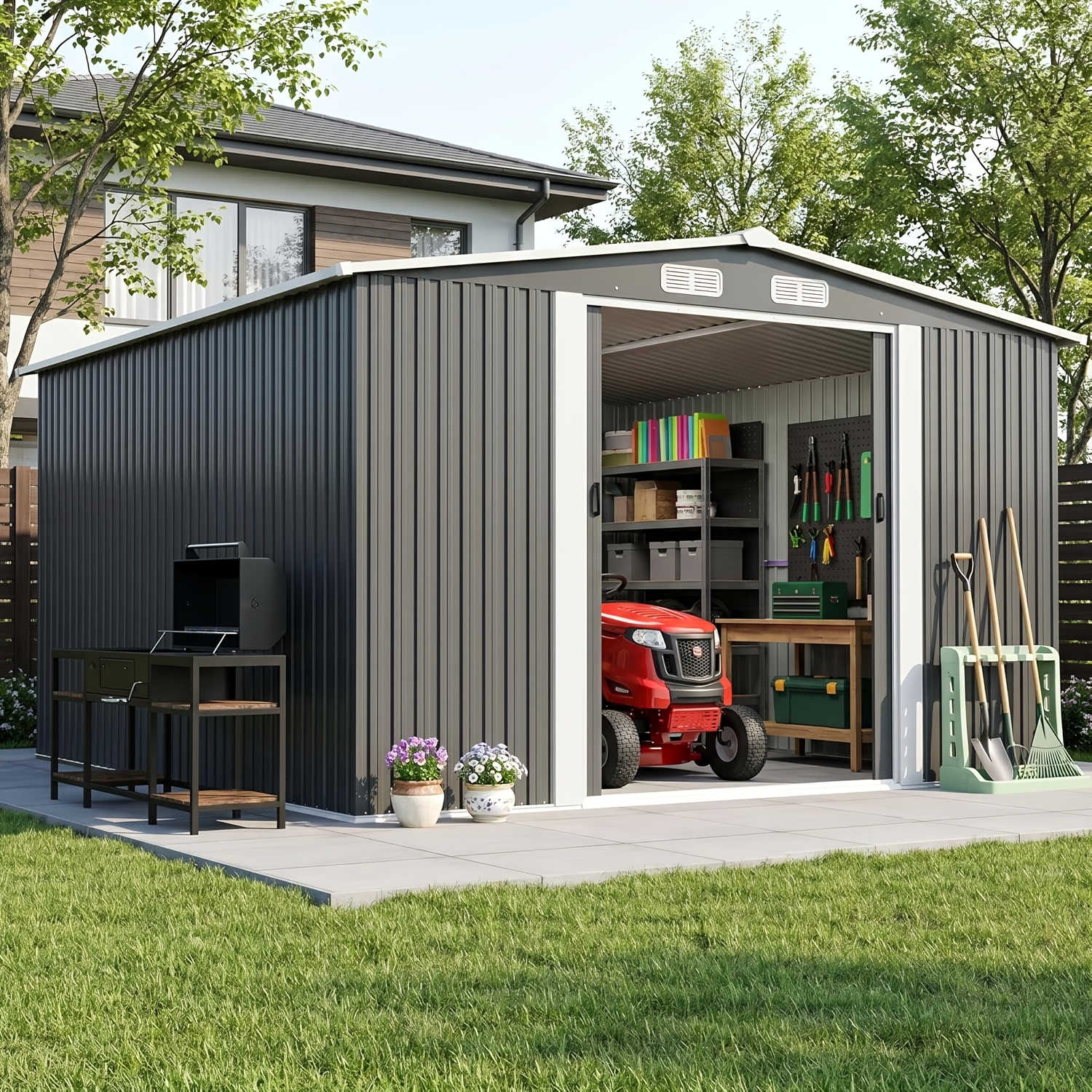 Metal Storage Shed Outdoor Steel Garden Tool Shed with Sliding Door, Large Utility Shed, Metal Shed for Backyard, Patio Yard Lawn, Grey, 11x13/10x8/4x8