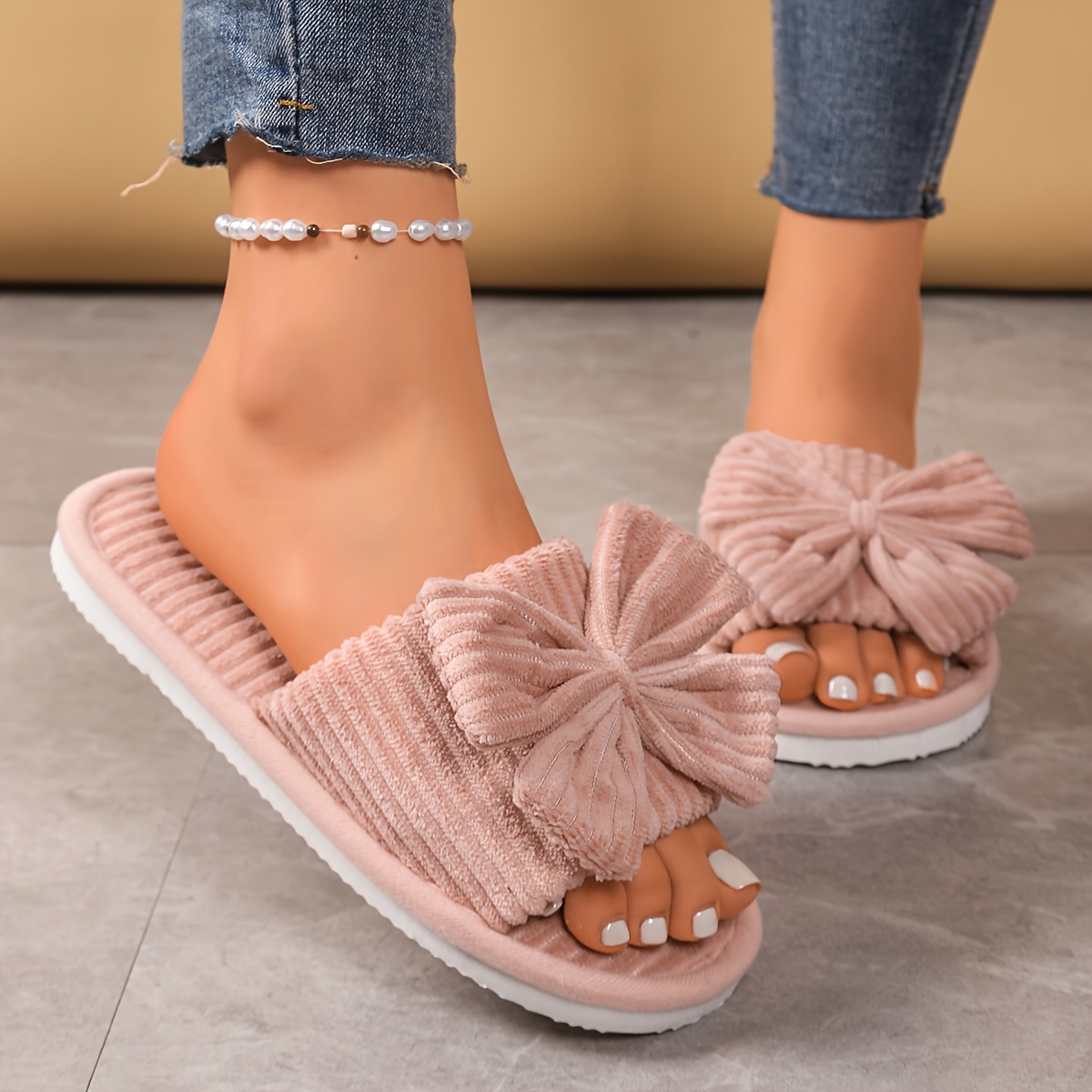 Image of Stylish Bowknot Slippers For, House Slippers, Flat Indoor/outdoor Slide Sandals, Women Shoes
