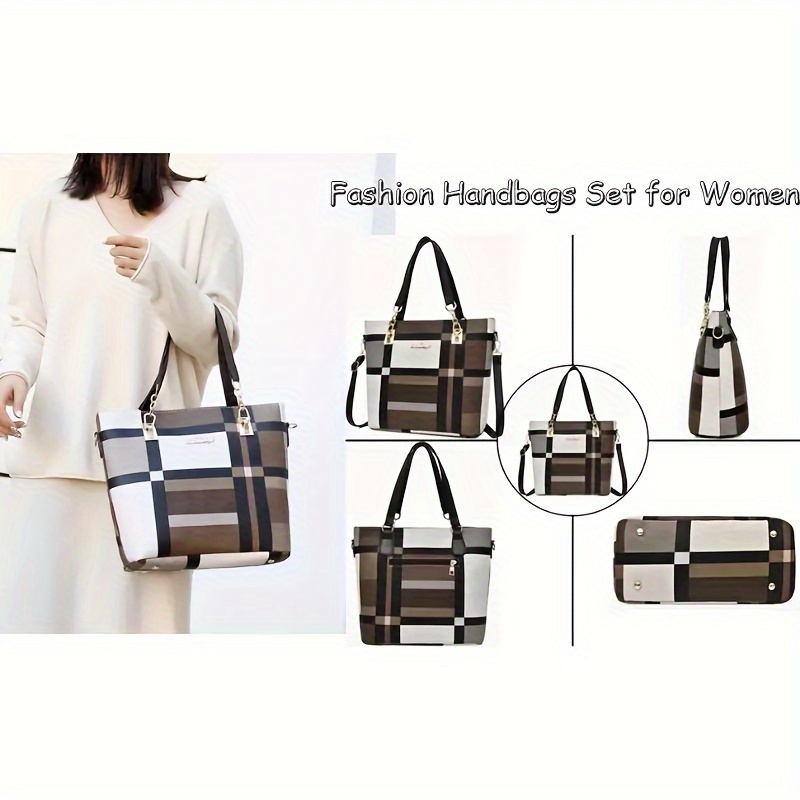 6pcs set large capacity checkered pattern shoulder bag with simple handbag crossbody bag clutch bag long short wallet details 5