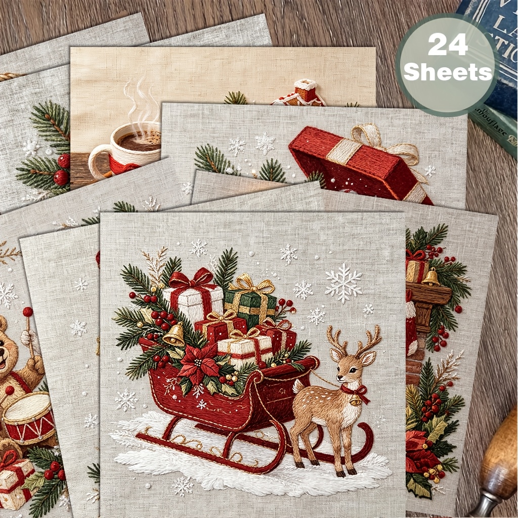 TEMU 24 Sheets 6x6 Christmas Scrapbook Paper, Cozy Textured Holiday Cardstock, Cute Linen Paper For Diy Christmas Cards, Gift Tags, And Festive Junk
