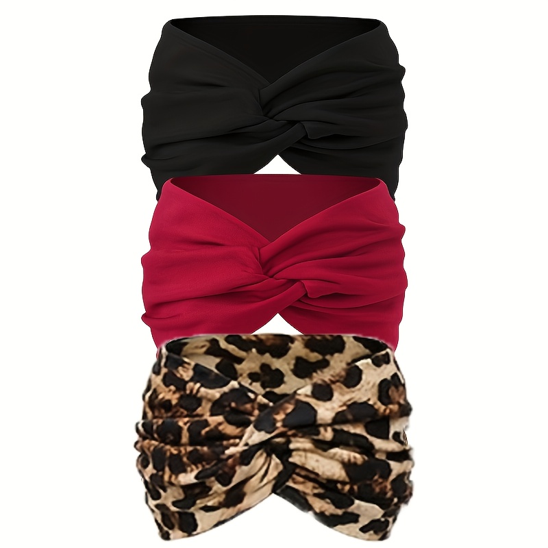 TEMU A 3pcs Set Of Colored Hair Bands With A Cross- Is Very Suitable For Yoga, Running And Daily Use. Non-slip Hair Bands With Leopard Print Details