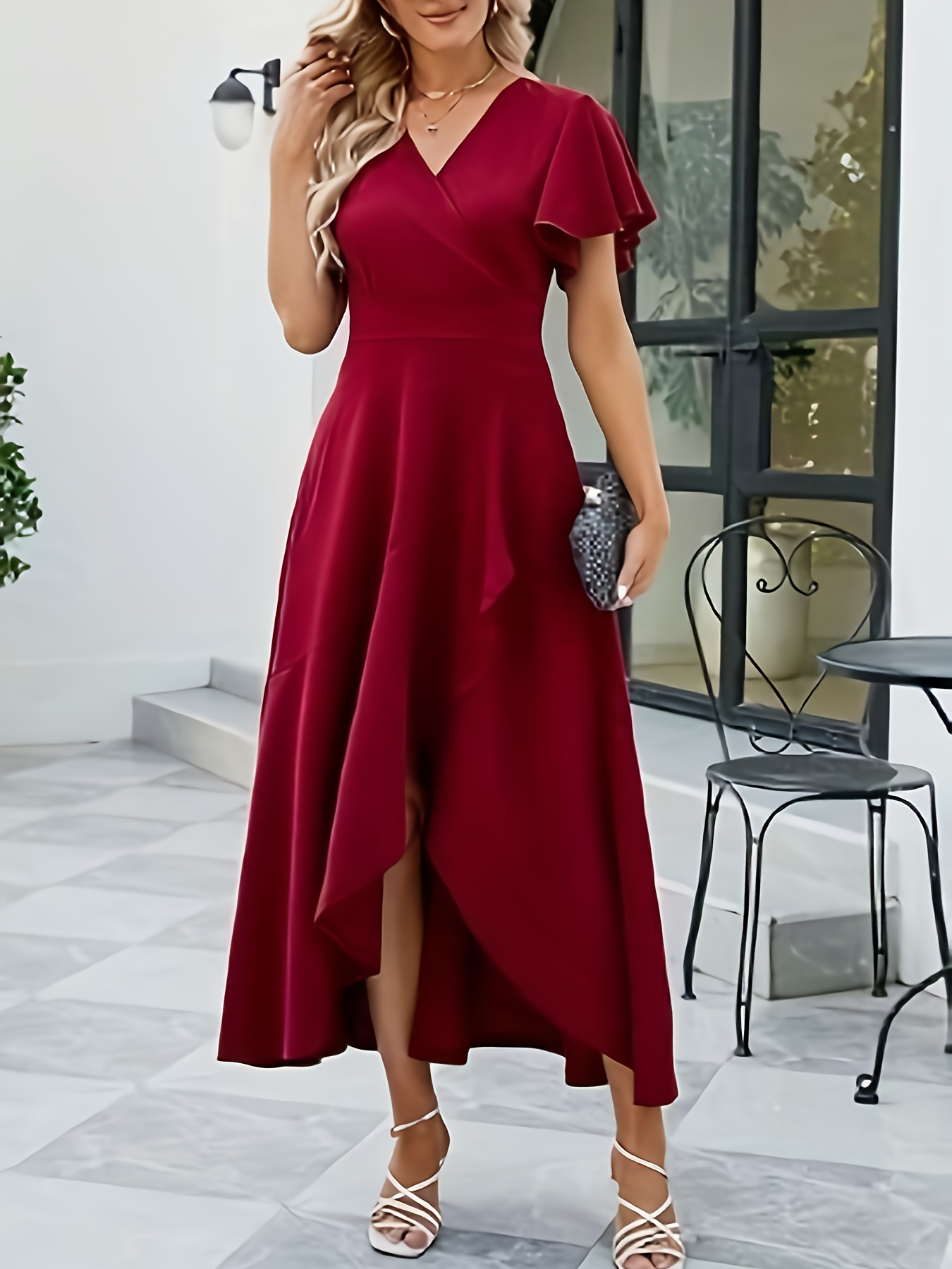 Midi Dress V Neck Asymmetrical Dress Elegant Women's V Neck