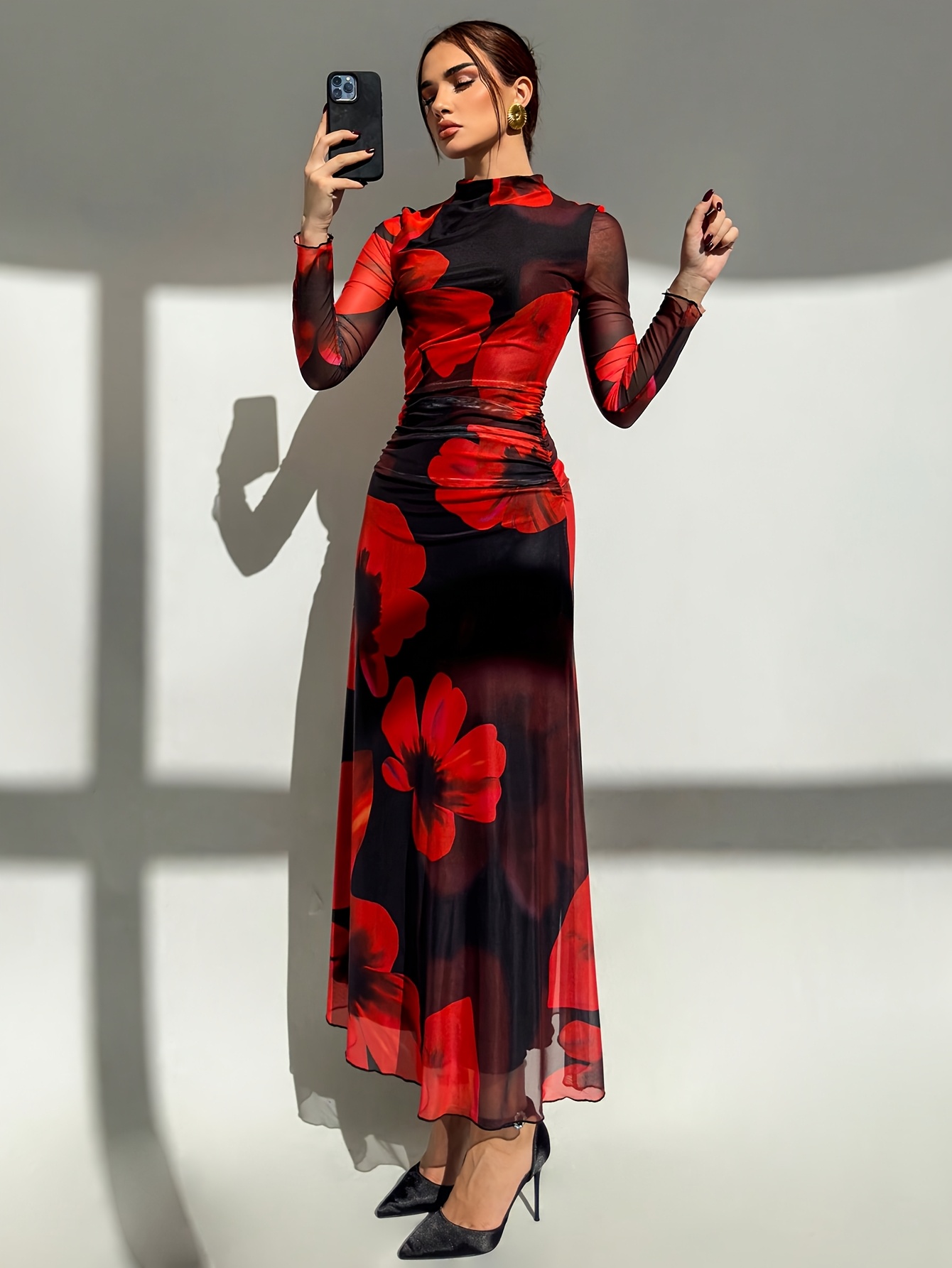 velvet embossed floral square neck long sleeve fit dress, flared maxi dress  | High-quality & Affordable