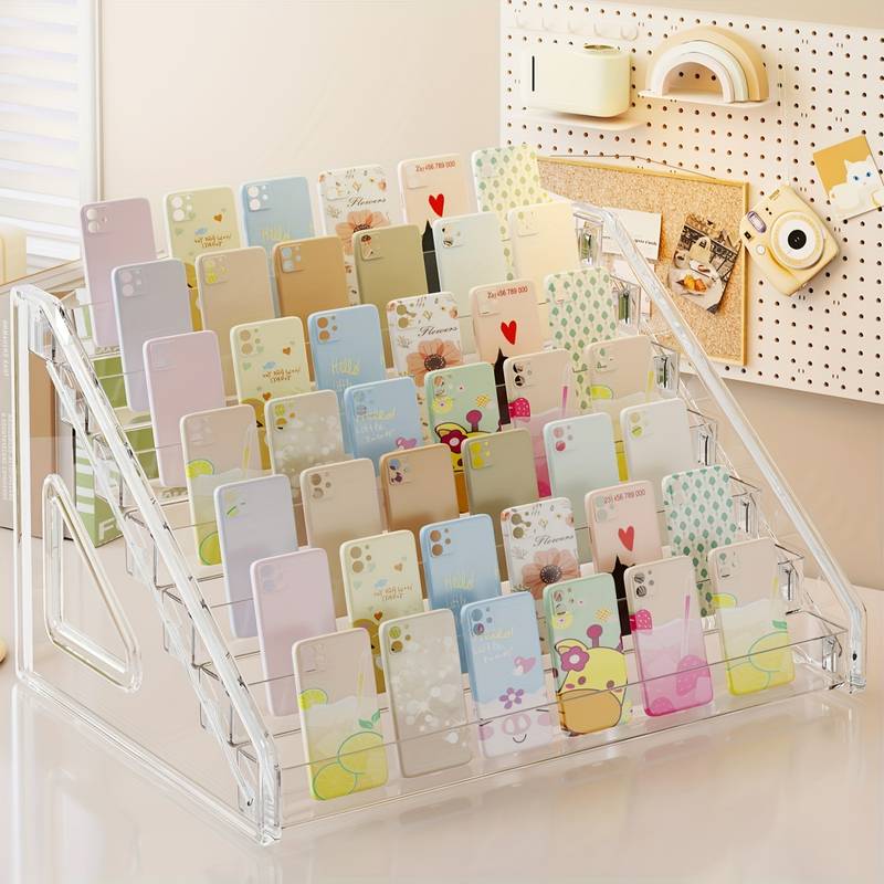 Wielopoziomowy akrylowy stojak ekspozycyjny na etui na telefony, wielowarstwowy stojak na biurko na elektronikę i akcesoria, nowoczesna witryna ekspozycyjna, stylowe pudełko do przechowywania, trwały akryl, akrylowe pudełko do przechowywania, wielopoziomowy organizer, dla entuzjastów technologii 0