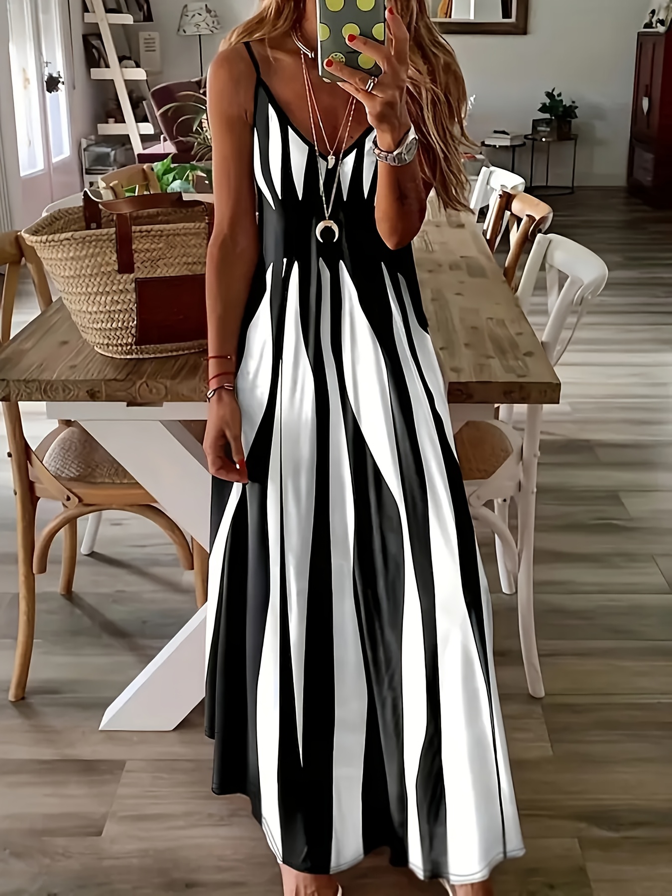 womens black white abstract print v neck maxi dress short - Temu United  Arab Emirates